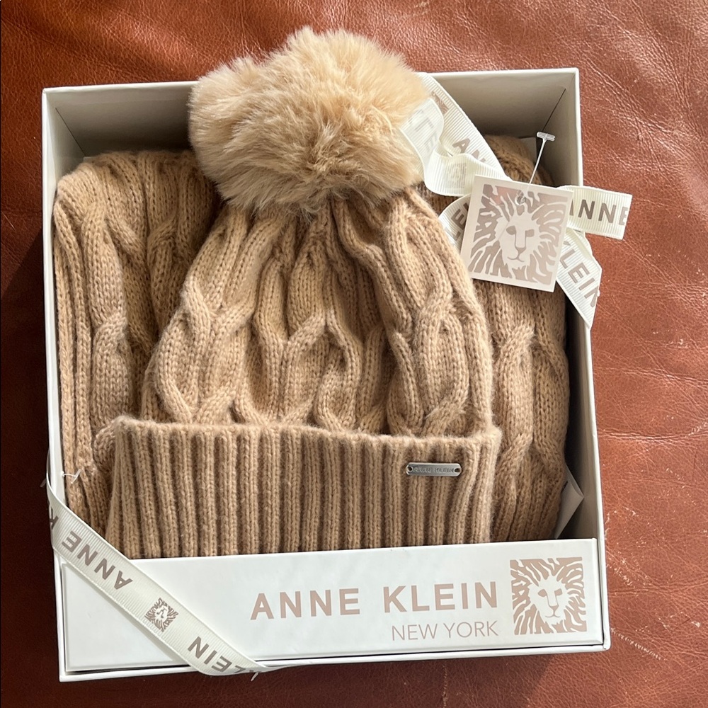 Anne Klein Beige Cable Knit Hat and Scarf Set